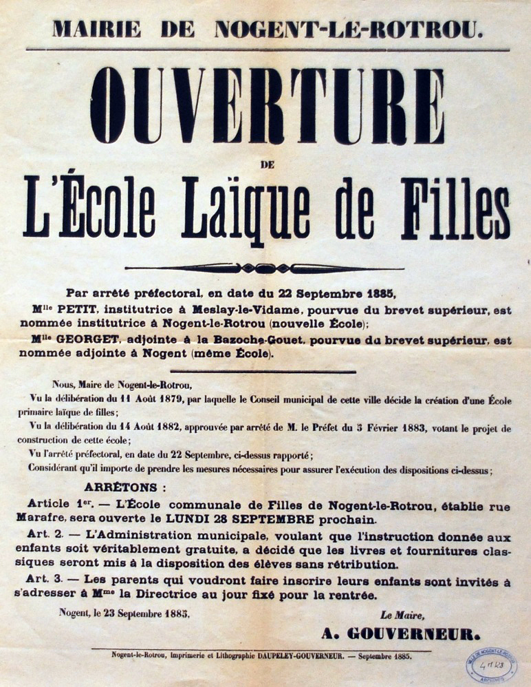 Affiche de l’ouverture de l’Ecole de Filles – 1885 (© Archives municipales)
